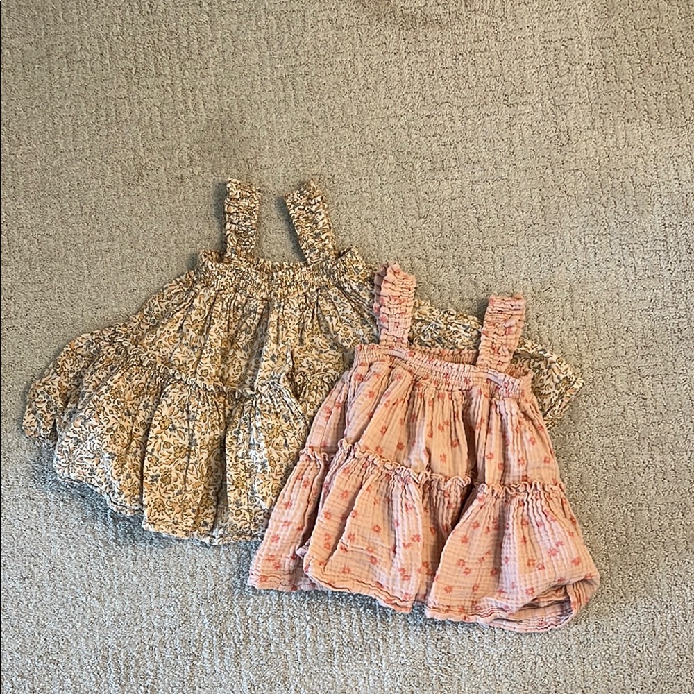 Rylee + Cru Pink Floral Dress and tan floral twirling dresses